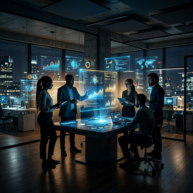 Equipo colaborando en ambiente tecnológico